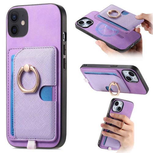 Funda para iPhone 13 Cuero Diseño Retro Cruz Ranuras para Tarjetas Anillo Lateral (Morado)