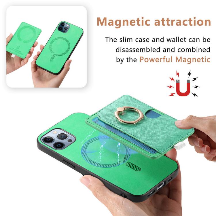 Funda para iPhone 11 Pro Max Ranuras para Tarjetas Diseño Retro Cruz Anillo Magsafe (Verde)