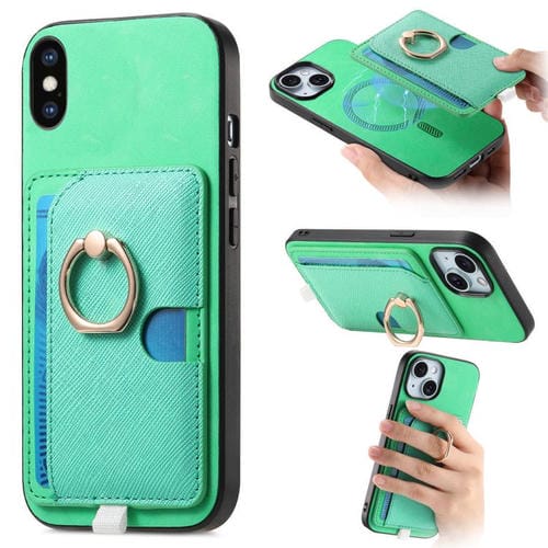 Funda para iPhone Xs Max Ranuras Tarjetas Anillo Cuero Diseño Retro Cruzado (Verde)