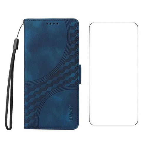 Funda de Cuero Enkay para Motorola Moto G35 con Estampado de Rombos y Estrellas y Película Protectora (Azul)