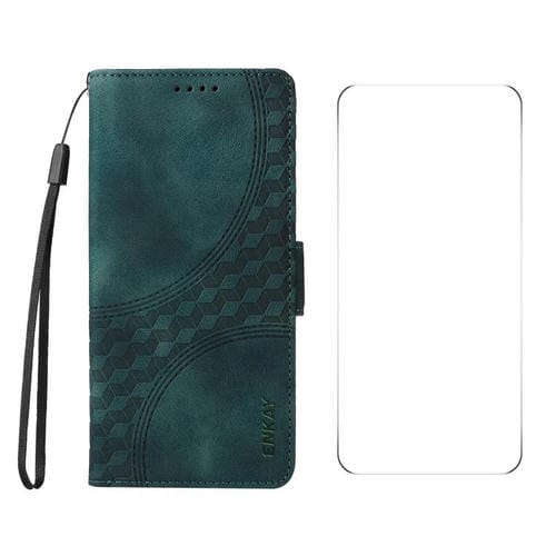 Funda de Cuero Enkay con Estampado de Rombos y Estrellas para Motorola Moto G35 con Película de Pantalla (Verde)