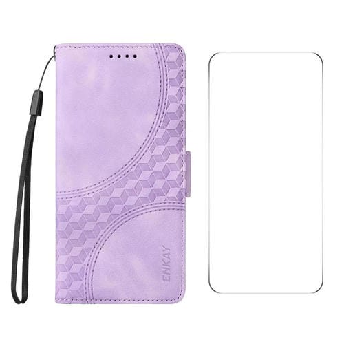 Funda de Cuero Enkay con Estampado de Rombos y Estrellas para Motorola Moto G35 con Película Protectora (Morado)