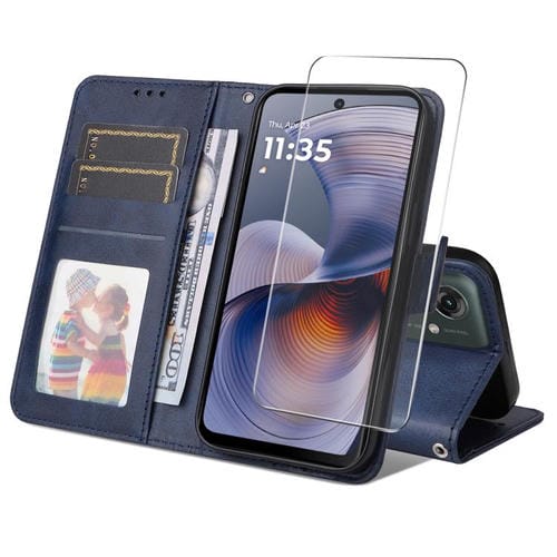 Funda para Teléfono Enkay con Textura de Piel de Becerro y Tarjetero para Motorola Moto G55 (Azul)