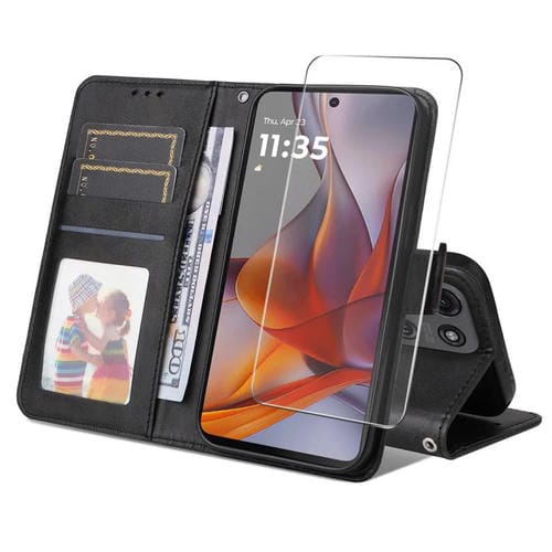 Funda para Teléfono Enkay con Textura de Piel de Becerro y Tarjetero para Motorola Moto G75 (Negro)