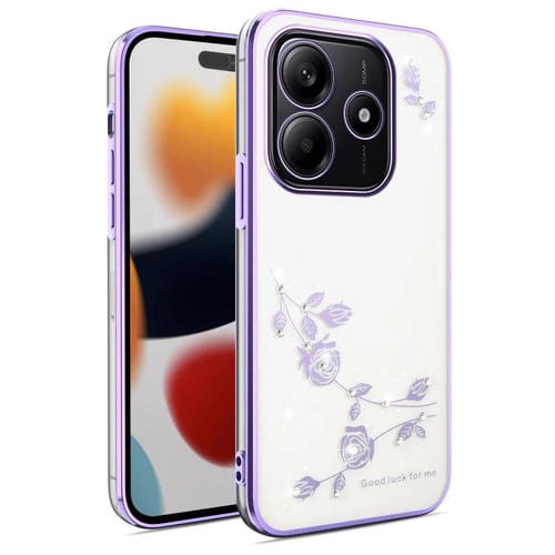 Funda para Teléfono con Todo Incluido y Diseño de Flores y Diamantes Brillantes para Xiaomi Redmi Note 14 5G (Morado)