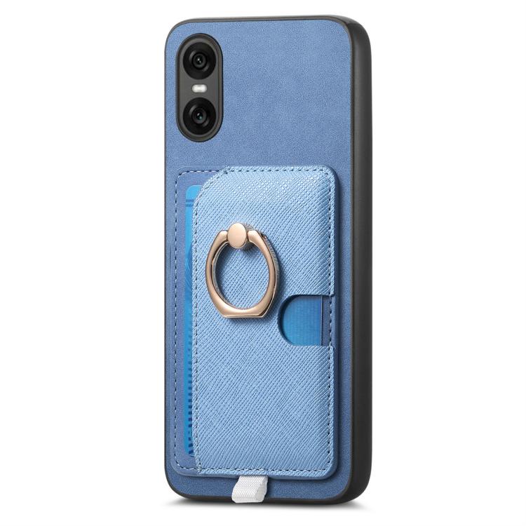 Estuche para Teléfono Sony Xperia 10 Vi con Ranuras para Tarjetas y Diseño Retro de Cruz de Cuero (Azul)
