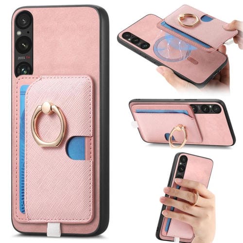 Estuche para Teléfono Sony Xperia 1 Vi con Ranuras para Tarjetas y Anillo Lateral (Rosa)