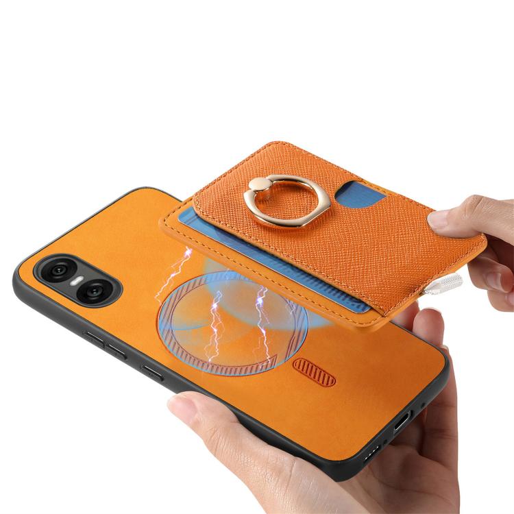 Estuche para Teléfono Sony Xperia 5 V con Ranuras para Tarjetas y Anillo Lateral (Amarillo)