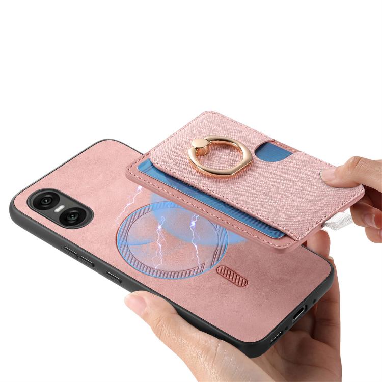 Estuche para Teléfono Sony Xperia 5 V con Ranuras para Tarjetas y Diseño Retro de Cruz de Cuero (Rosa)