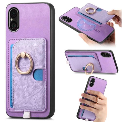Estuche para Teléfono Sony Xperia 5 V con Ranuras para Tarjetas y Anillo Lateral (Morado)