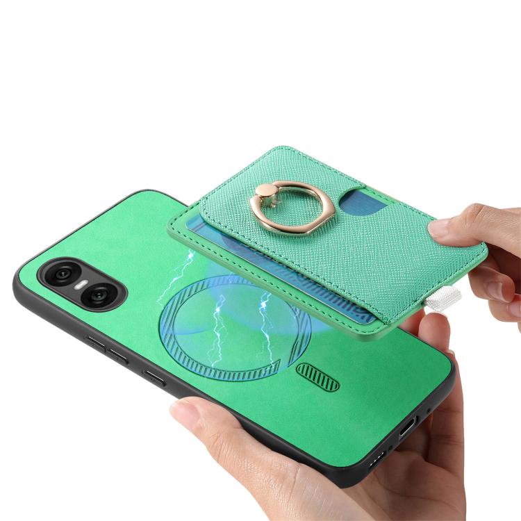 Estuche para Teléfono Sony Xperia 5 V con Ranuras para Tarjetas y Anillo Lateral (Verde)