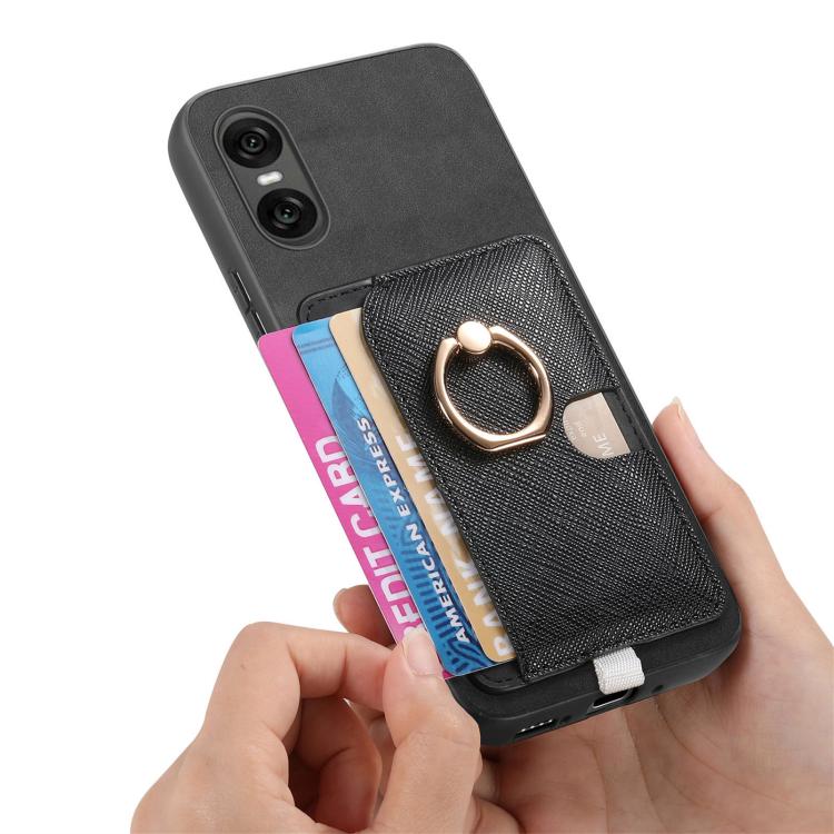 Estuche para Teléfono Sony Xperia 5 V con Ranuras para Tarjetas y Anillo Lateral (Negro)