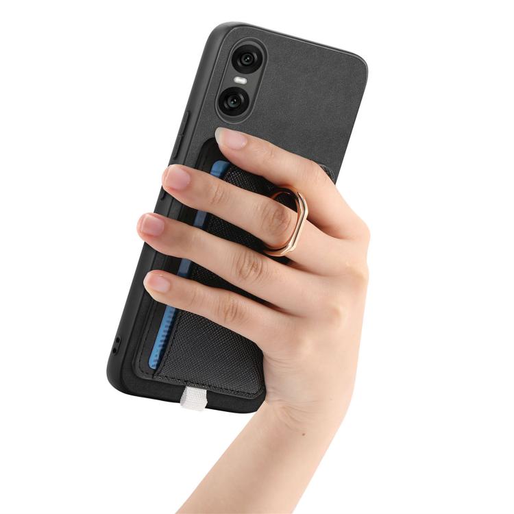 Estuche para Teléfono Sony Xperia 5 V con Ranuras para Tarjetas y Anillo Lateral (Negro)