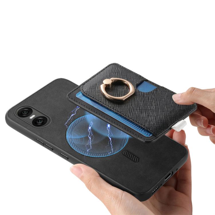 Estuche para Teléfono Sony Xperia 5 V con Ranuras para Tarjetas y Anillo Lateral (Negro)