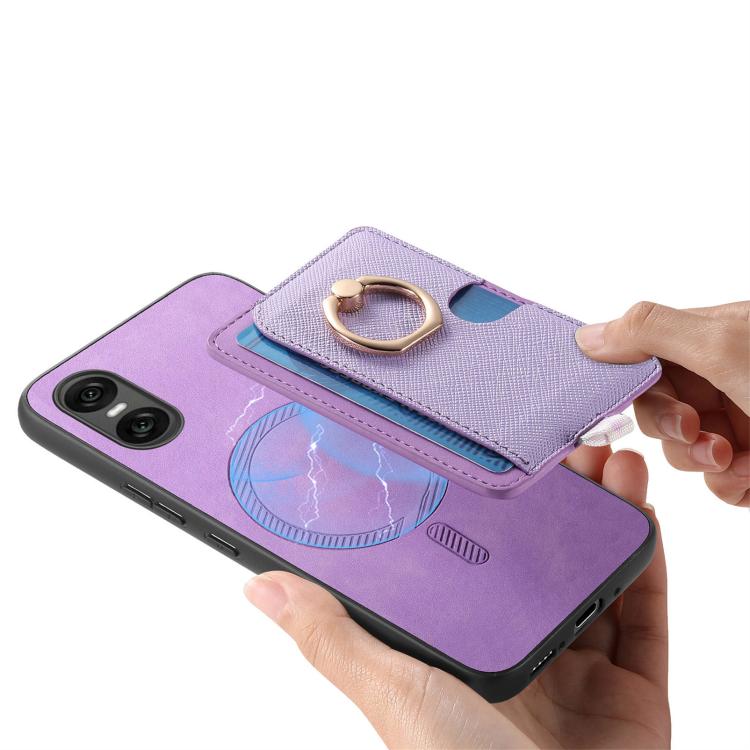 Funda para Teléfono Sony Xperia 10 V con Ranuras para Tarjetas y Diseño Retro (Morado)