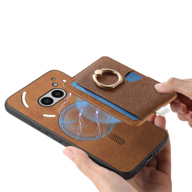 Estuche para Teléfono For Nothing Phone 2A con Ranuras para Tarjetas y Anillo Lateral (Marrón)