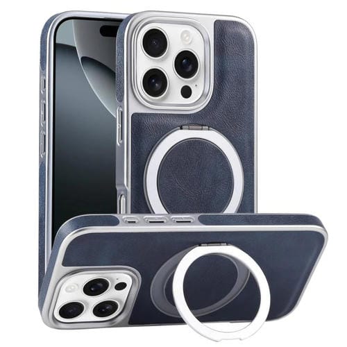 Funda para Teléfono con Soporte Magsafe Giratorio de Cuero Granulado Chapado para iPhone 16 Pro Max (Azul)