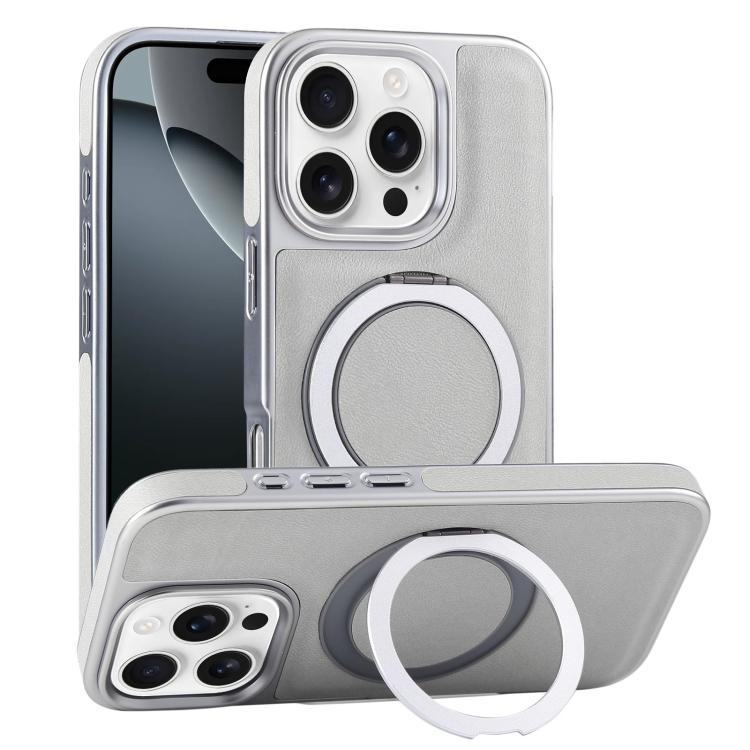 Funda para Teléfono iPhone 16 Pro Cuero Granulado Soporte Magsafe Giratorio (Verde Grisáceo)