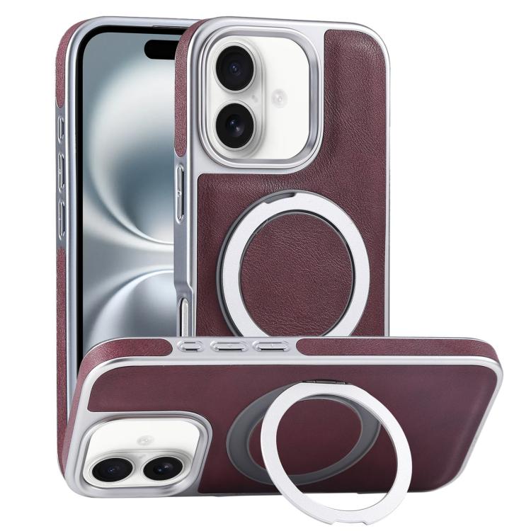 Funda para Teléfono iPhone 16 Soporte Magsafe Giratorio Cuero Granulado Chapado (Rojo Oscuro)