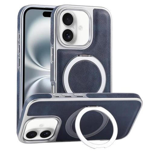 Funda para teléfono iPhone 16 con soporte Magsafe giratorio de piel granulada chapada (Azul)