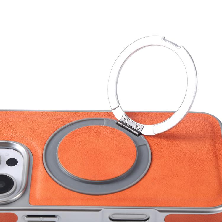 Funda para Teléfono con Soporte Magsafe Giratorio de Cuero Granulado para iPhone 15 Pro Max (Naranja)