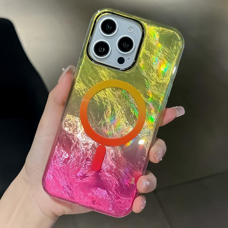 Estuche para Teléfono Magsafe iPhone 15 Pro Max Textura Glaciar Degradado (Amarillo Rosa)