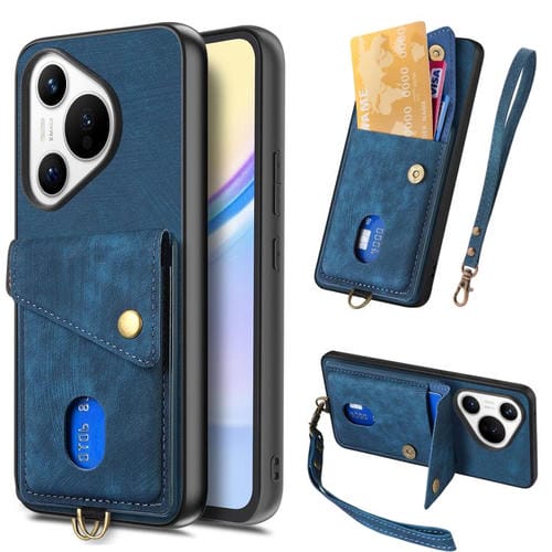 Funda plegable de cuero con correa para Huawei Pura 70, estilo retro, con tarjetero (azul)