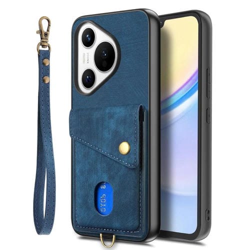 Funda plegable de cuero con correa para Huawei Pura 70, estilo retro, con tarjetero (azul)