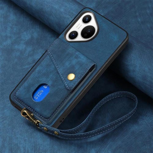 Funda plegable de cuero con correa para Huawei Pura 70, estilo retro, con tarjetero (azul)