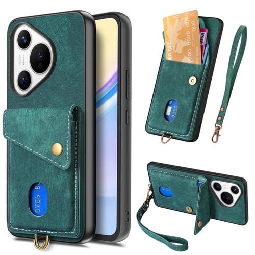Funda plegable de cuero con correa para Huawei Pura 70, estilo retro, con tarjetero (verde)