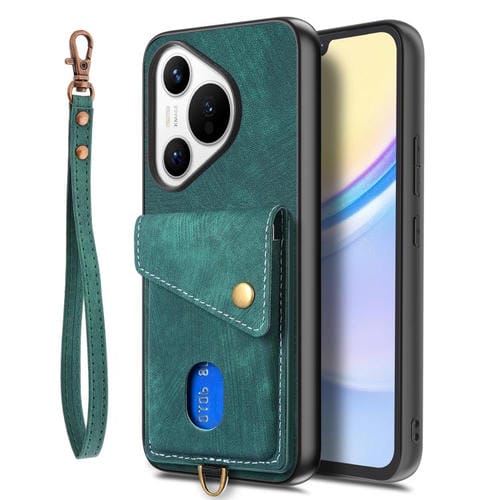 Funda plegable de cuero con correa para Huawei Pura 70, estilo retro, con tarjetero (verde)