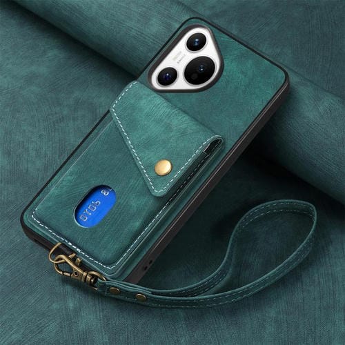 Funda plegable de cuero con correa para Huawei Pura 70, estilo retro, con tarjetero (verde)