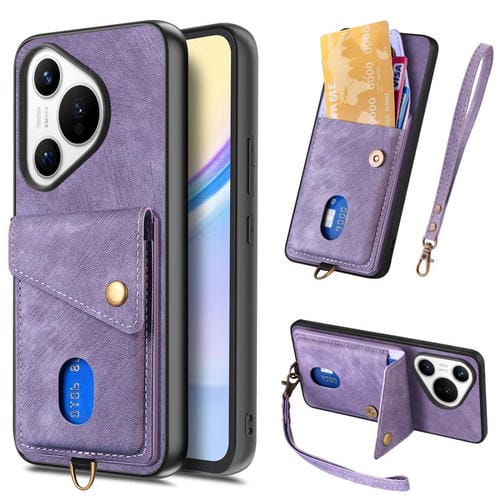 Funda de cuero plegable con correa para Huawei Pura 70, estilo retro, con tarjetero (morado)