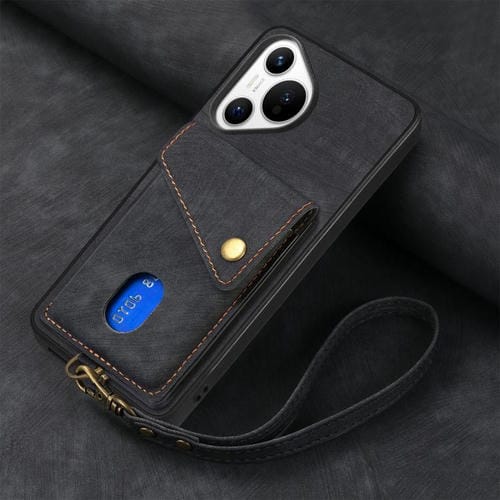 Funda de cuero plegable con correa para Huawei Pura 70 Pro / 70 Pro+, estilo retro, con tarjetero (negro)