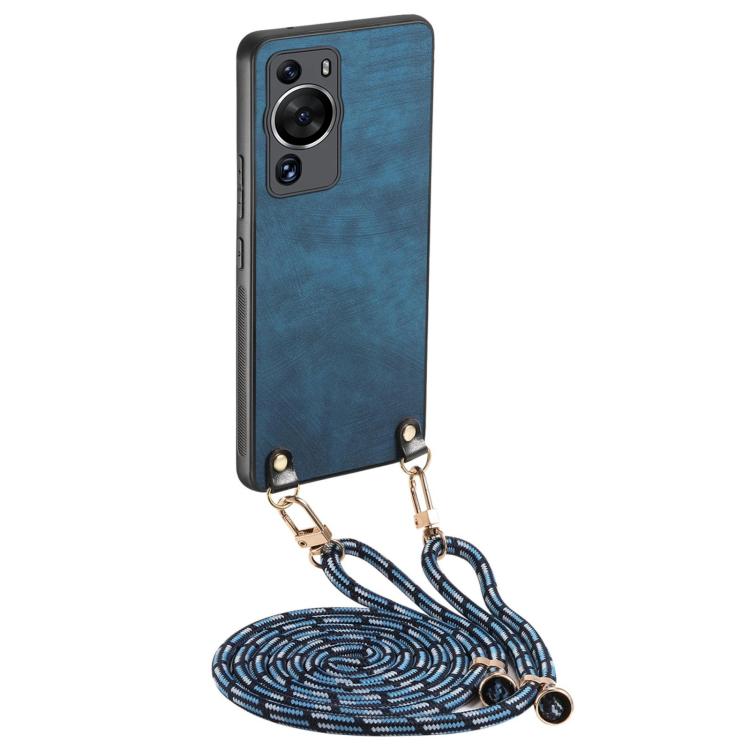 Funda de Cuero Vintage para Huawei P60 con Parte Trasera de Policarbonato y Correa Cruzada (Azul)
