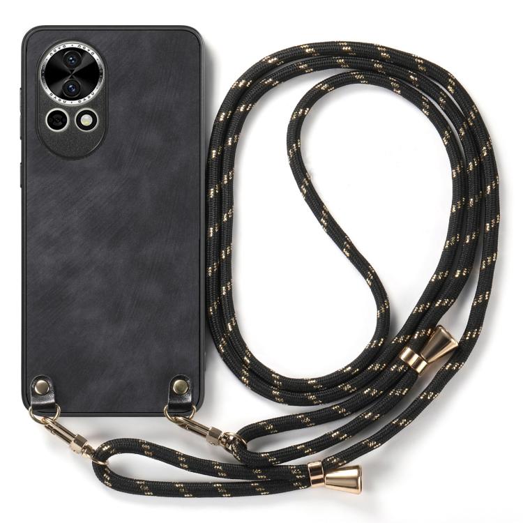 Funda de Cuero Vintage para Huawei Nova 13 Pro con Policarbonato y Correa Cruzada (Negra)