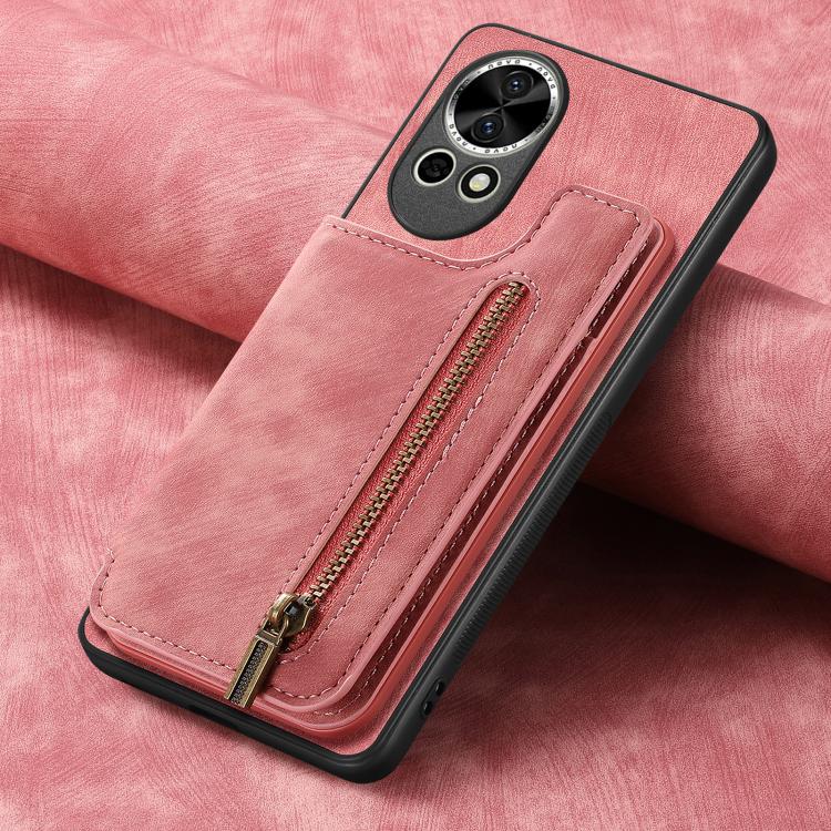 Funda de Cuero Retro con Cremallera para Huawei Nova 11 Pro (Rosa)