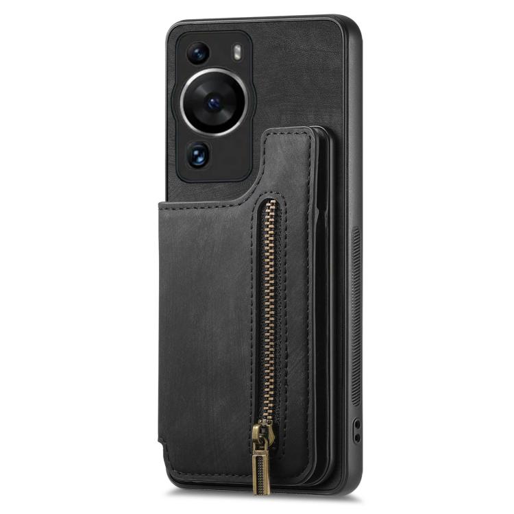 Funda de Cuero Retro con Cremallera para Huawei P60 (Negra)