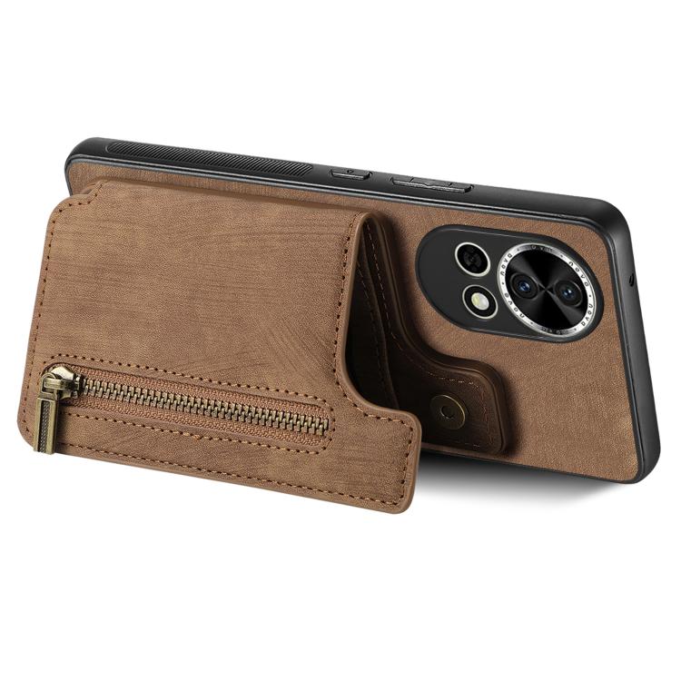 Funda de Cuero Retro con Cremallera para Huawei Nova 9 Se (Marrón)