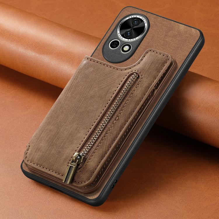 Funda de Cuero Retro con Cremallera para Huawei Nova 9 Se (Marrón)