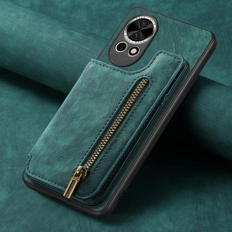 Funda de Cuero Retro con Cremallera para Huawei Nova Y70 Y70+ (Verde)