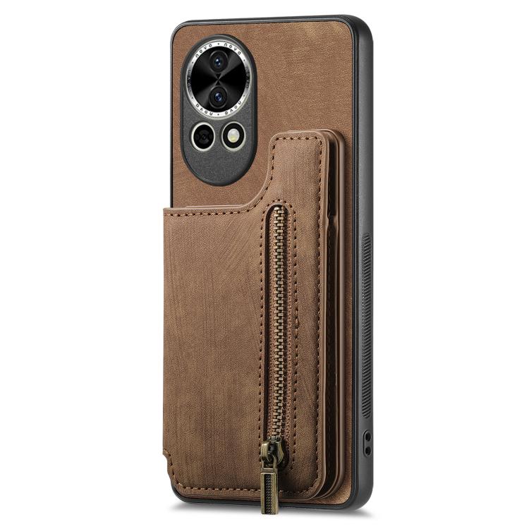Funda de Cuero Retro con Cremallera para Huawei Nova Y70 y Y70+ (Marrón)