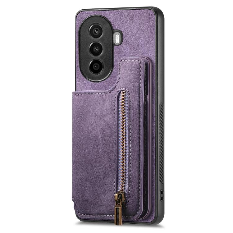 Funda de Cuero Retro con Cremallera para Huawei Nova Y70 Y70+ (Morado)