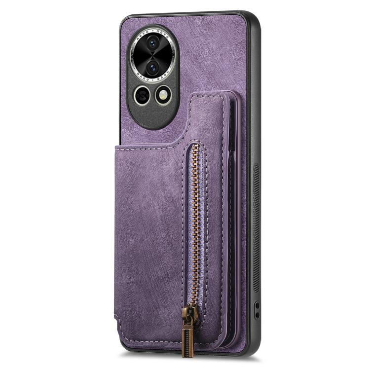 Funda de Cuero Retro con Cremallera para Huawei Nova Y70 Y70+ (Morado)