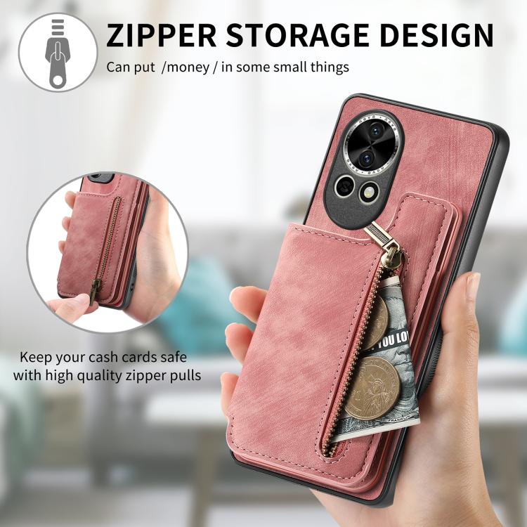Funda de Cuero Retro con Cremallera para Huawei Nova 11 Pro (Rosa)