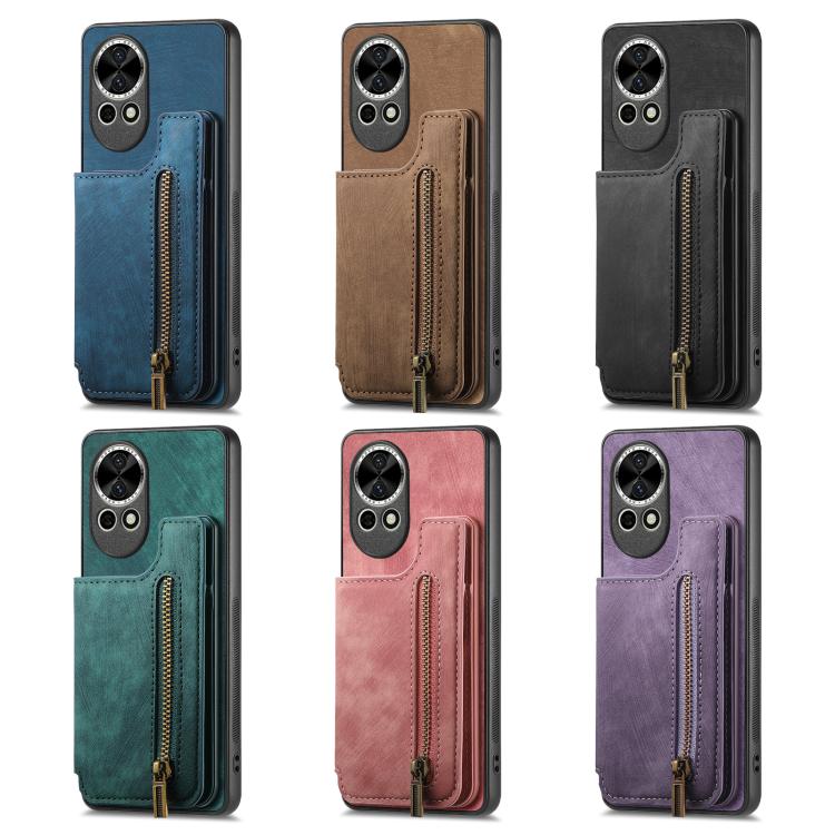 Funda de Cuero Estilo Retro con Cremallera para Huawei P60 Pro (Morado)