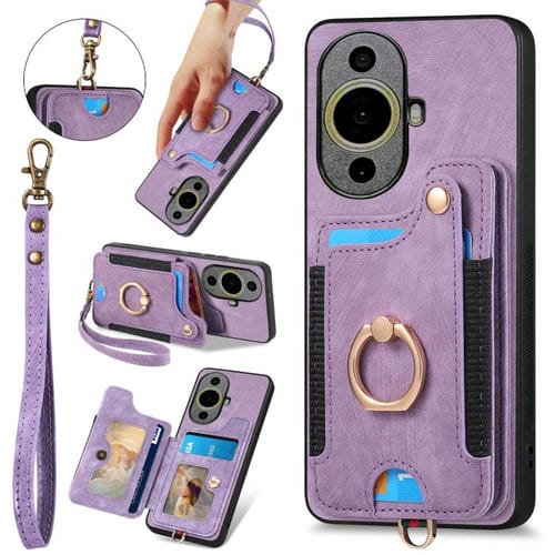 Funda para Teléfono Huawei Nova 11 con Billetera MultiTarjeta Piel Sintética y Anillo (Morado)