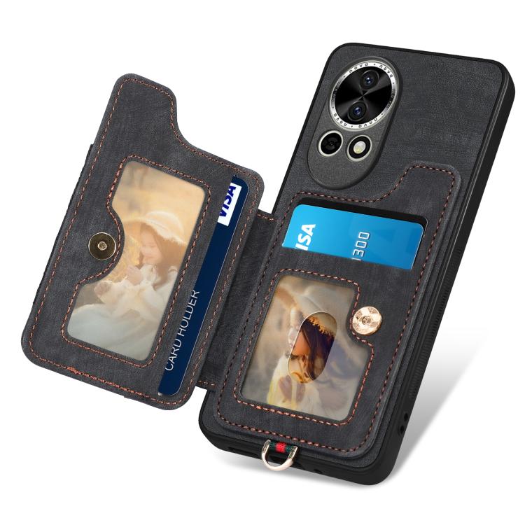 Funda para Teléfono Huawei P60 con Billetera MultiTarjeta Diseño Retro Anillo (Negra)
