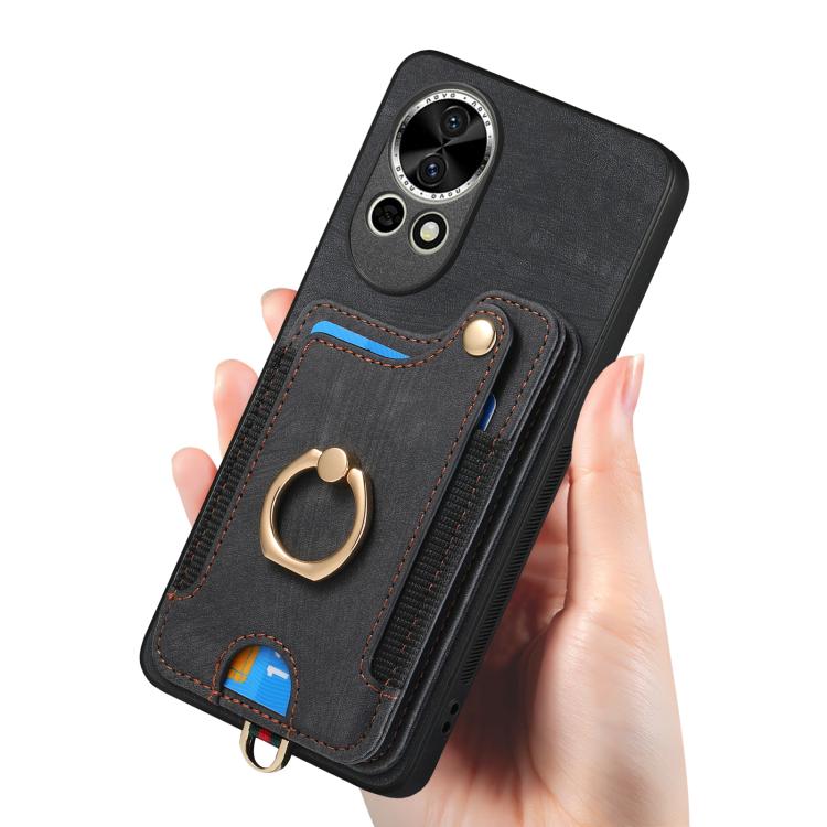 Funda para Teléfono Huawei P60 con Billetera MultiTarjeta Diseño Retro Anillo (Negra)