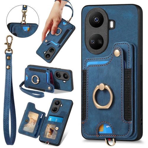 Funda para Teléfono Huawei Nova 10 Se con Billetera MultiTarjeta, Diseño Retro, Piel Sintética y Anillo (Azul)